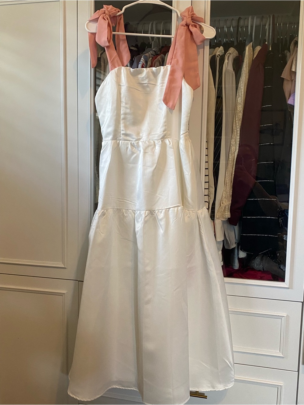 SHEIN White Tiered Midi Dress with Pink Tie-Strap Bows